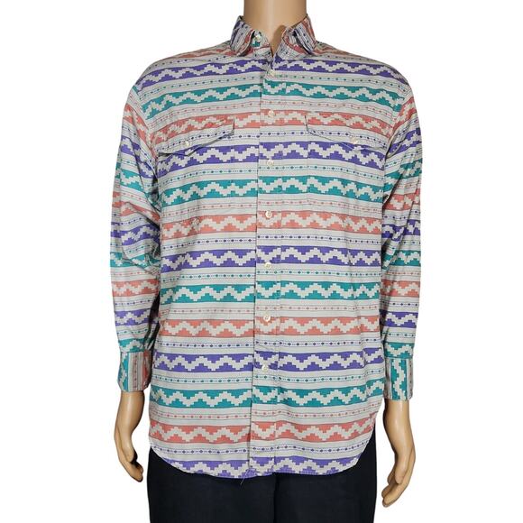 Larry Mahan Shirt Mens Size Small Colorful Aztec Western Striped Button Down L/S - Picture 1 of 4